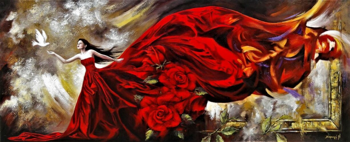 Woman in red dress and roses - Χαραυγή