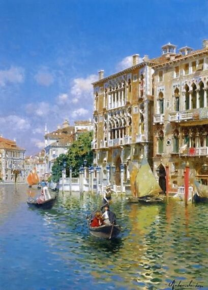 Gondoliers in front of the Palazzo Cavalli - Rubens Santoro