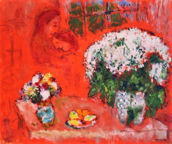 Les Fiancés sur Fond Rouge - Marc Chagall