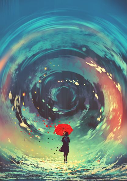Girl with red umbrella in front of swirling water in the sky