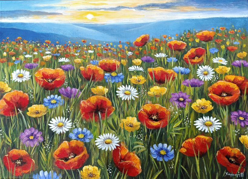 Τοπίο με πολύχρωμα λουλούδια - Χαραυγή