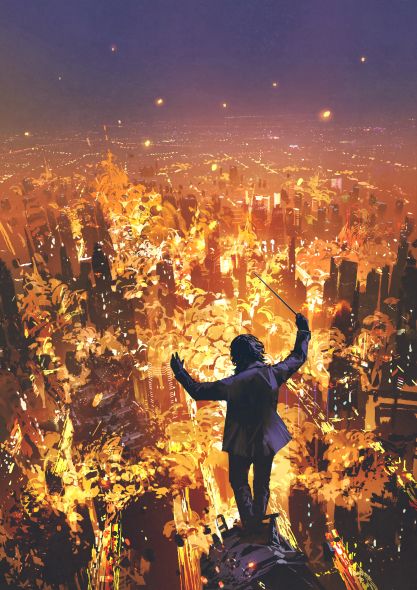 Ο τρελός μαέστρος διευθύνει μια συμφωνία έκρηξης